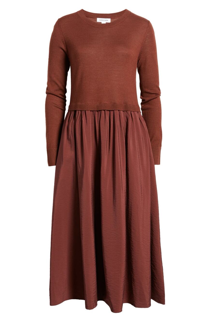 NWT Nordstrom Mixed Media Long Sleeve Dress - Brown Raisin - Small